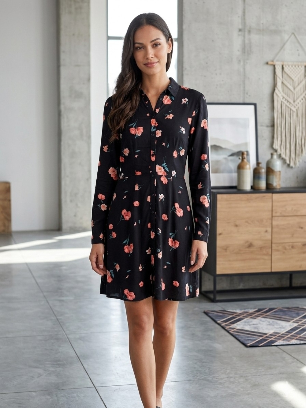 Divided Black Long-Sleeve Shirt Dress with Coral Floral Print